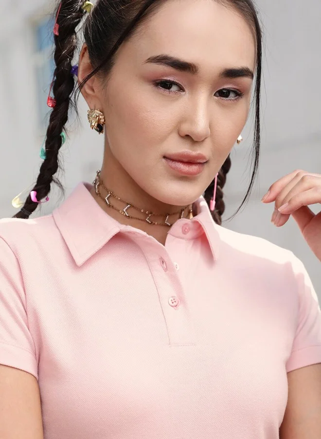 STREET 9 BASICS Pink Polo Collar Crop T-Shirt for Women