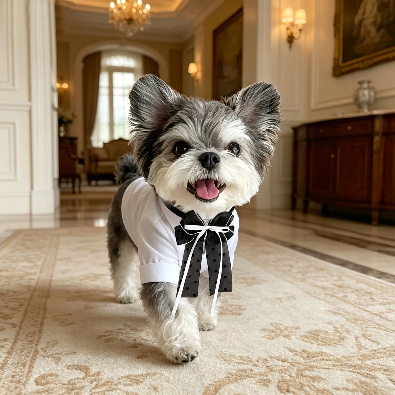 White Dots Adjustable Dog Cat Collar Bow Long Ribbon Wedding Holiday - Image 4