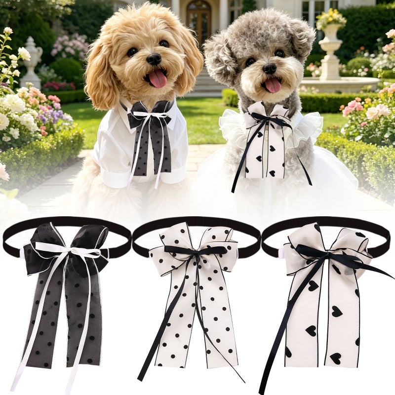 White Dots Adjustable Dog Cat Collar Bow Long Ribbon Wedding Holiday - Image 1