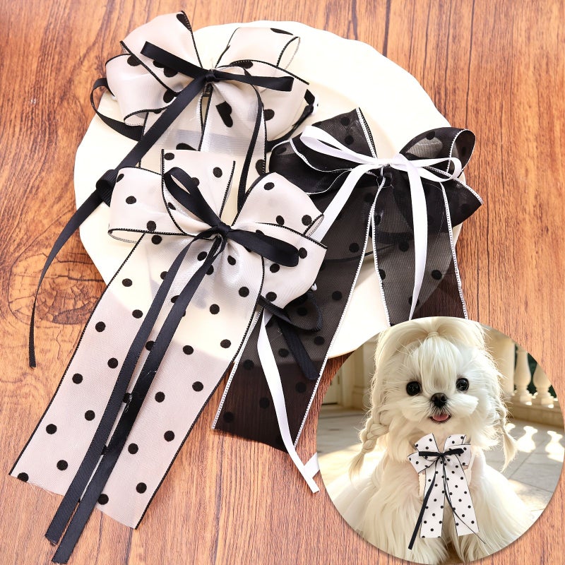 White Dots Adjustable Dog Cat Collar Bow Long Ribbon Wedding Holiday - Image 3