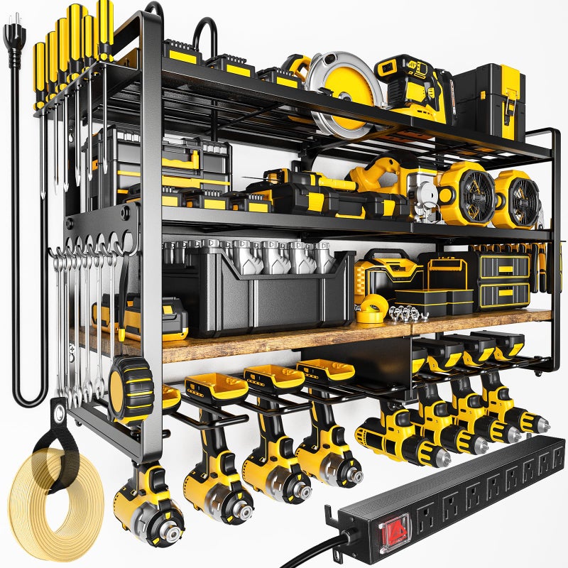POKIPO Large Power Tool Organizer Wall Mount with 8Outlet Charging Station 600lbs Capacity Garage Storage Rack for 8 Cordless Drills Holder Heavy Duty Metal 4Layer Battery Utility Rack - Image 2
