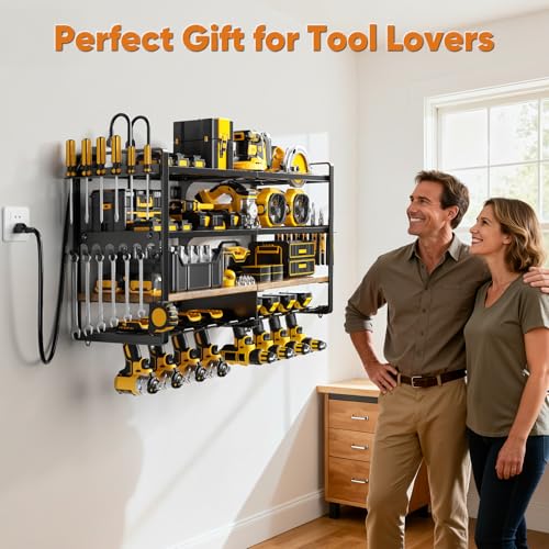 POKIPO Large Power Tool Organizer Wall Mount with 8Outlet Charging Station 600lbs Capacity Garage Storage Rack for 8 Cordless Drills Holder Heavy Duty Metal 4Layer Battery Utility Rack - Image 3