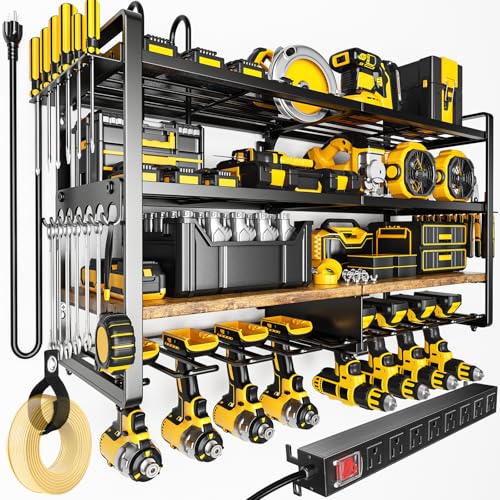 POKIPO Large Power Tool Organizer Wall Mount with 8Outlet Charging Station 600lbs Capacity Garage Storage Rack for 8 Cordless Drills Holder Heavy Duty Metal 4Layer Battery Utility Rack - Image 1