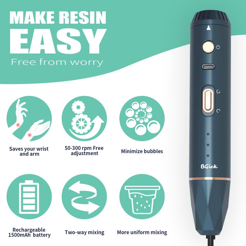 BGick Upgraded Resin Mixer, Handheld Rechargeable Mixer with Minimizing Bubbles,Epoxy Resin Mixer for Resin, Silicone Mixing, Resin Molds, DIY Crafts (Included 4 pcs Paddles) (Blue) - Image 2