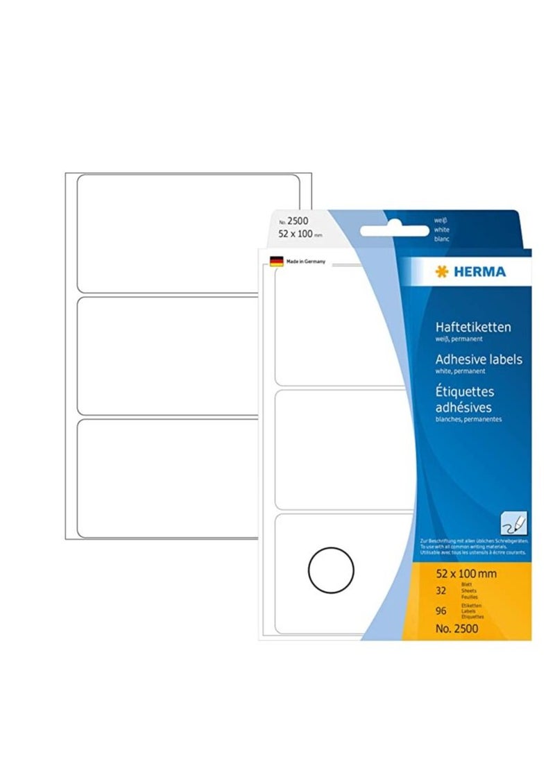 هيرما ملصقات هيرما 2500 متعددة الأغراض مقاس 52 × 100 مم ، ورق أبيض غير لامع ، 96 قطعة.