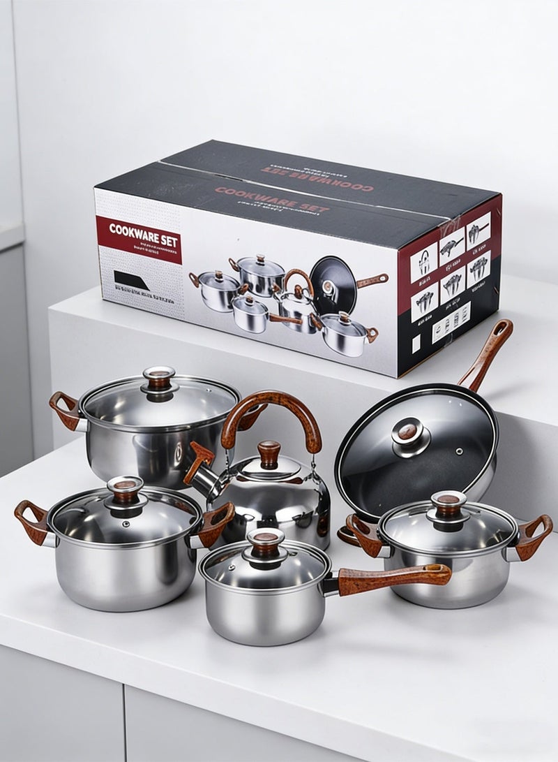 شاربدو مجموعة أواني طهي، أواني ومقالي من الفولاذ المقاوم للصدأ، أواني طهي غير لاصقة، خالية من حمض بيرفلورو الأوكتانويك (PFOA) - مقلاة، طاجن مع غطاء، قدر، مقلاة شواء، أدوات مطبخ - Image 4