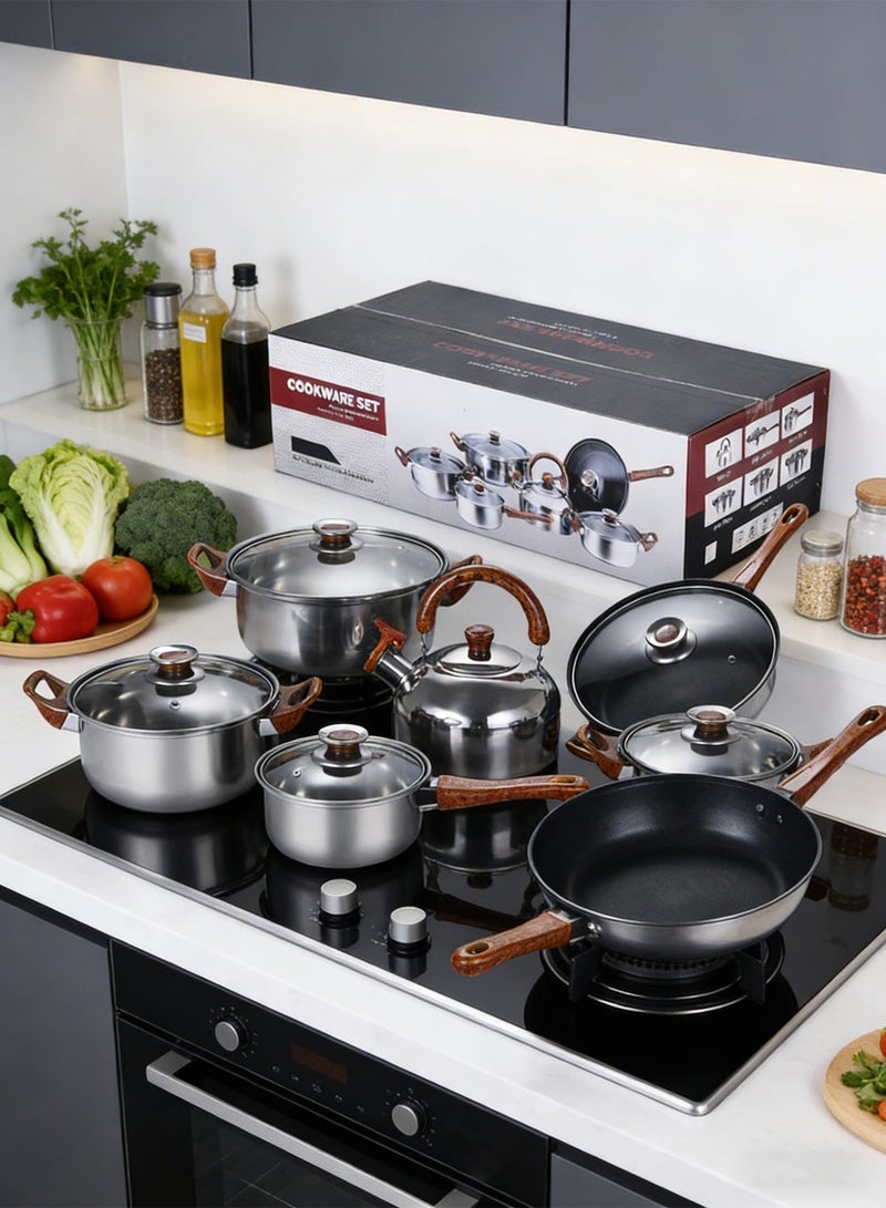 شاربدو مجموعة أواني طهي، أواني ومقالي من الفولاذ المقاوم للصدأ، أواني طهي غير لاصقة، خالية من حمض بيرفلورو الأوكتانويك (PFOA) - مقلاة، طاجن مع غطاء، قدر، مقلاة شواء، أدوات مطبخ - Image 3