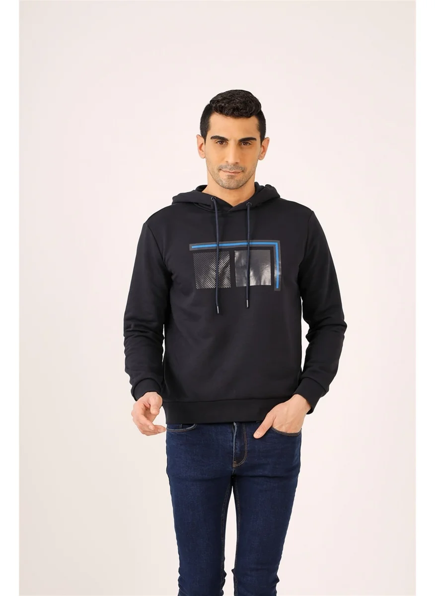 Dufy Navy Blue Men's Regular Fit Hooded Sweatshirt