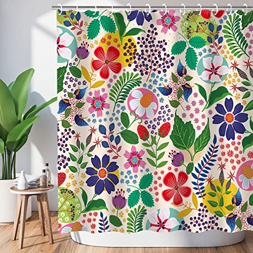 LIVILAN Floral Shower Curtain Colorful Shower Curtain Flower Boho Bright Unique Flowered Fabric Bohemian Shower Curtain for Bathroom with 12 Hooks, 72"x 72" - Image 1
