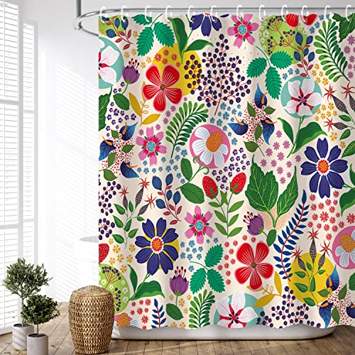 LIVILAN Floral Shower Curtain Colorful Shower Curtain Flower Boho Bright Unique Flowered Fabric Bohemian Shower Curtain for Bathroom with 12 Hooks, 72"x 72" - Image 2