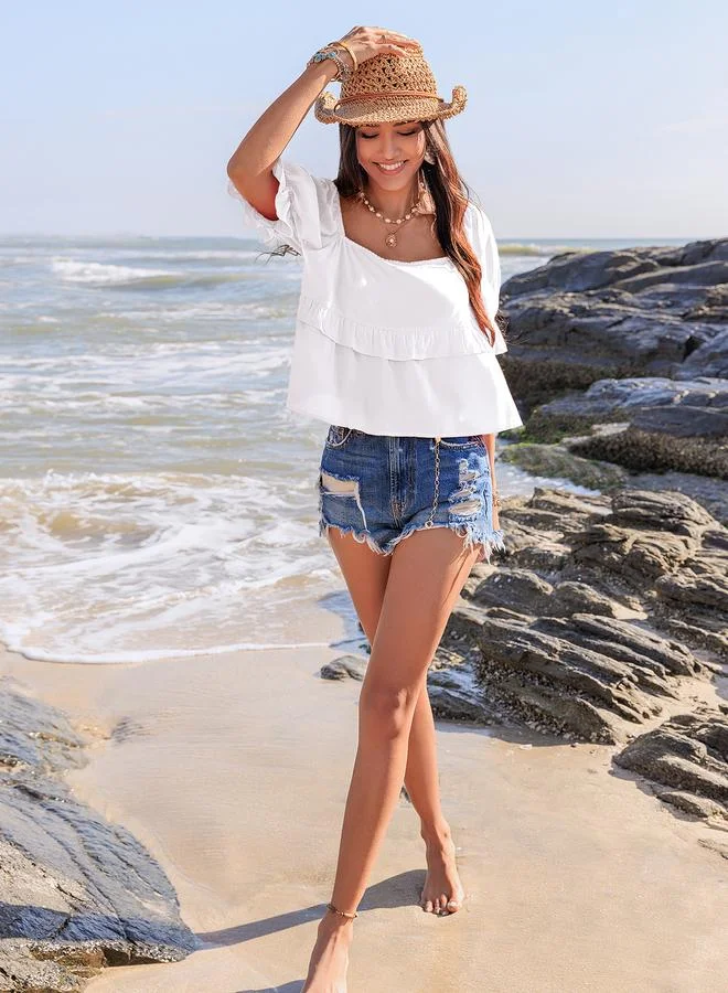Take Two White Short Sleeve Top with Ruffles