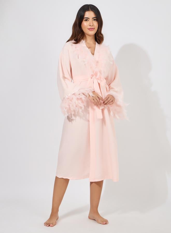 Styli Faux Feather Trim Satin Robe - Image 1