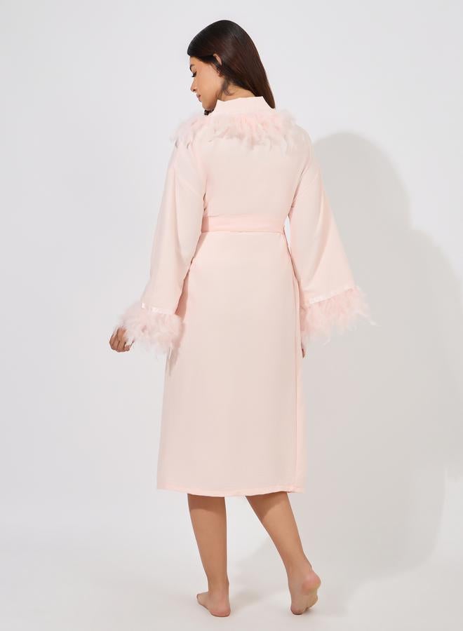 Styli Faux Feather Trim Satin Robe - Image 4