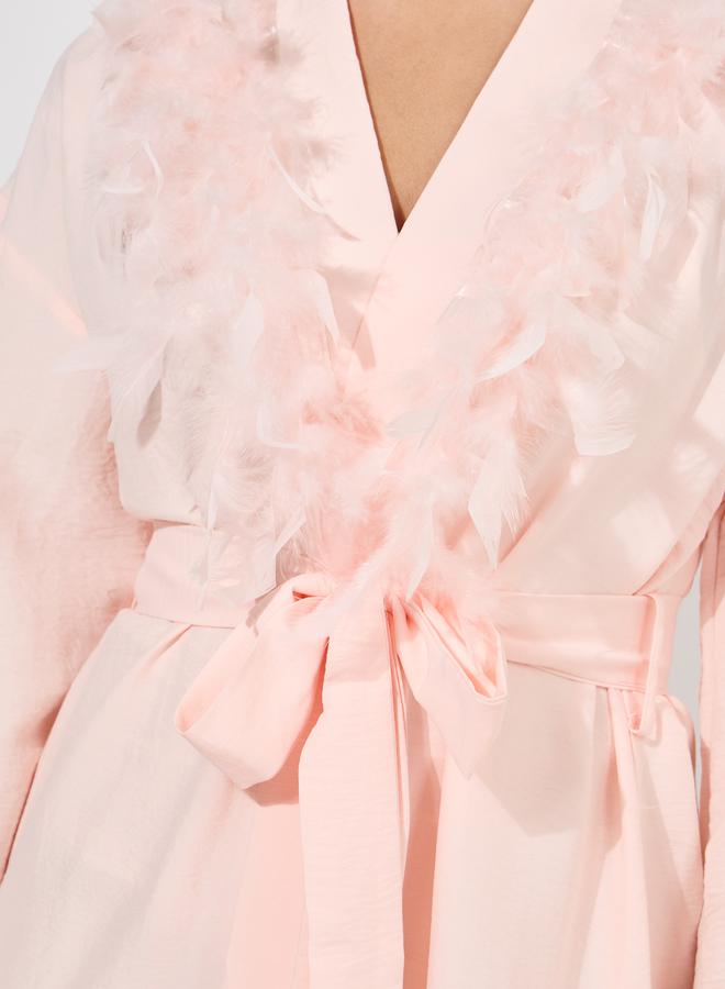 Styli Faux Feather Trim Satin Robe - Image 3