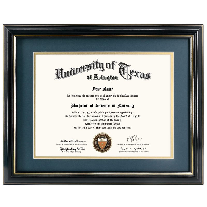 GraduationMall 85x11 Diploma Frame with Navy over Gold Mat or Display 11x14 Certificate without MatSolid Wood  UV Protection AcrylicGlossy Black Finish with Gold Trim