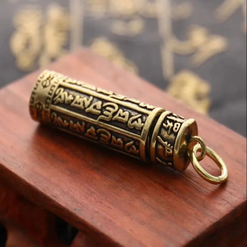 Keychain Brass Pendant Container with Hieroglyphs - Image 1