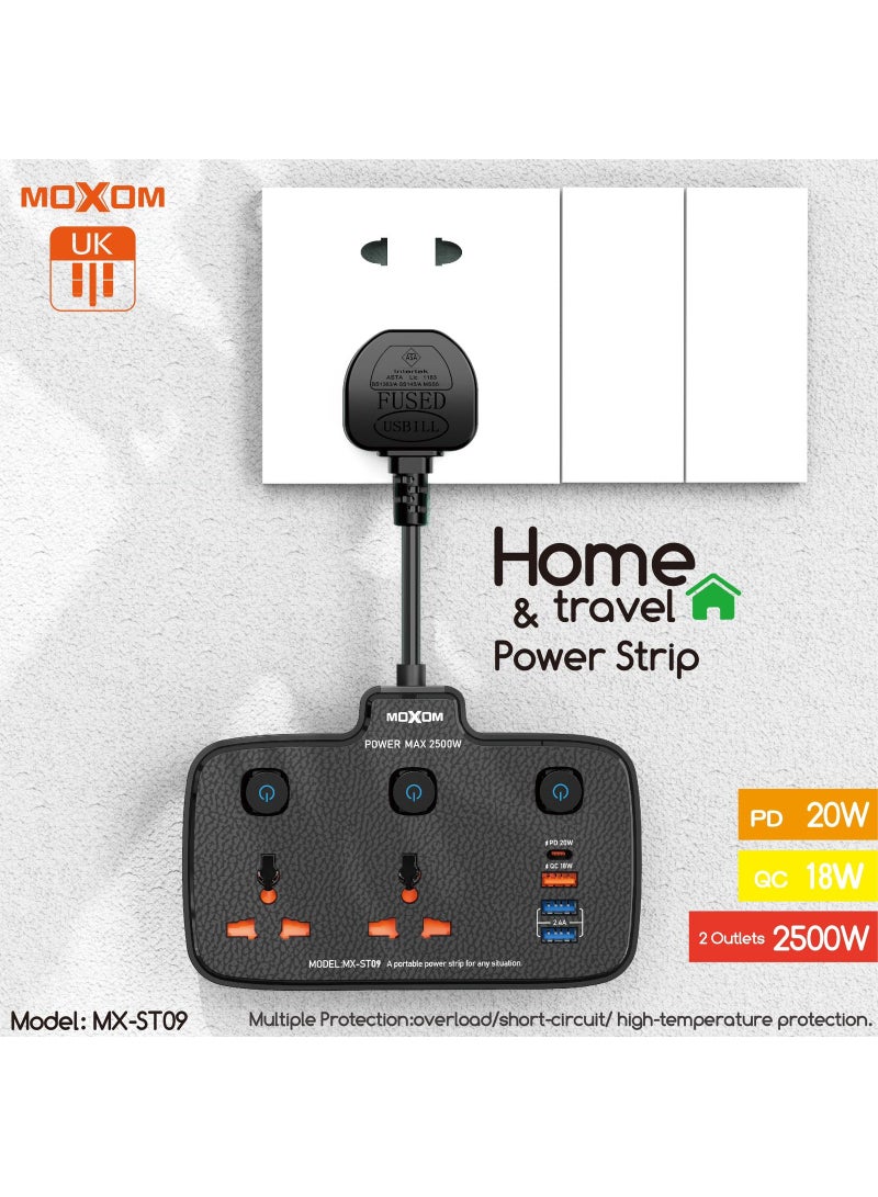 MOXOM Power Strip with 2 Anti-Static Sockets 2500W, 3 USB Ports, 1 Type-C Port, Black MX-ST09 - Image 2