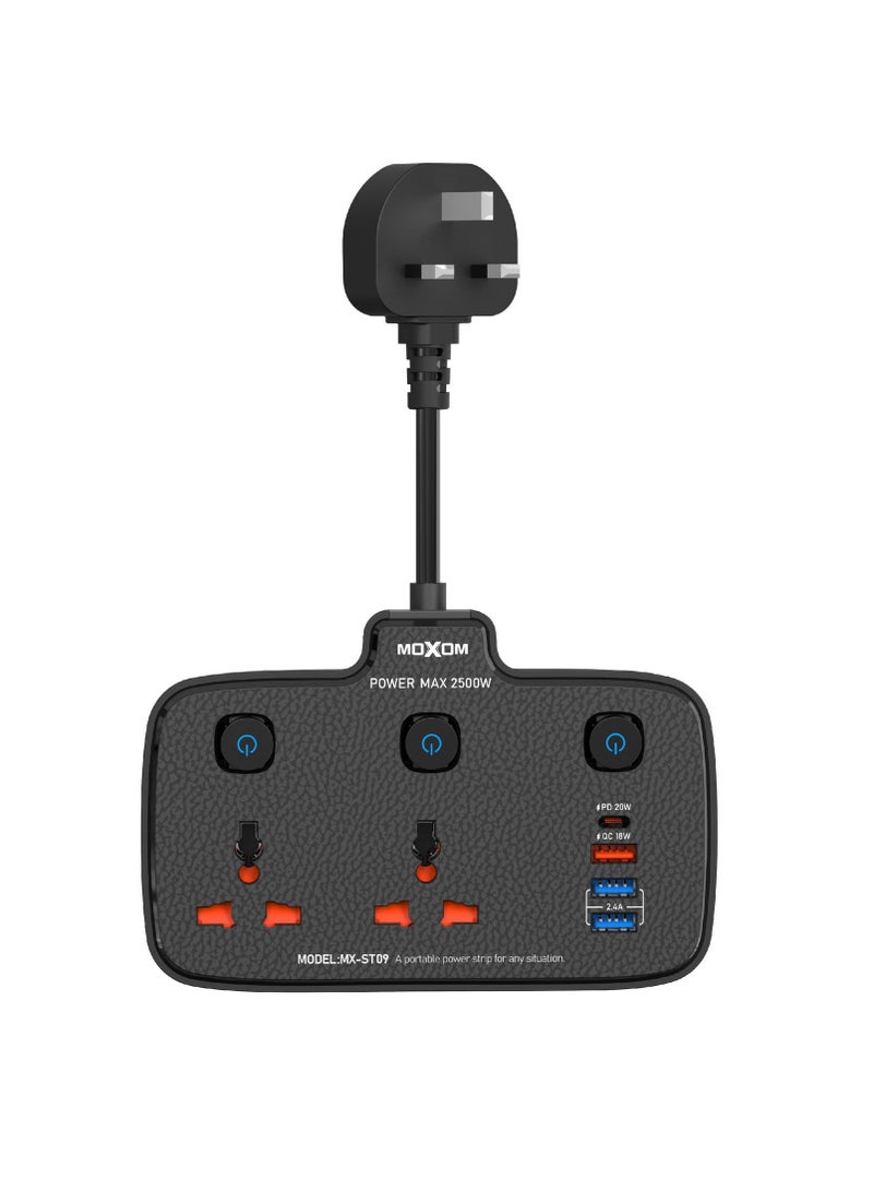 MOXOM Power Strip with 2 Anti-Static Sockets 2500W, 3 USB Ports, 1 Type-C Port, Black MX-ST09 - Image 1