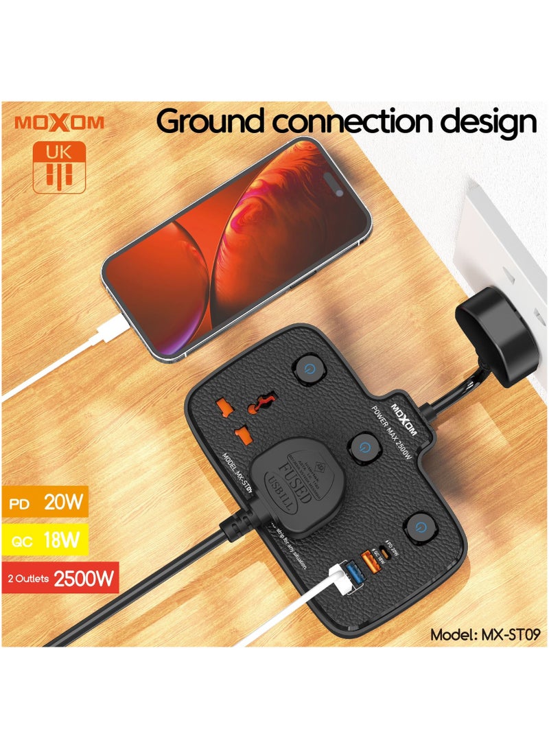 MOXOM Power Strip with 2 Anti-Static Sockets 2500W, 3 USB Ports, 1 Type-C Port, Black MX-ST09 - Image 3