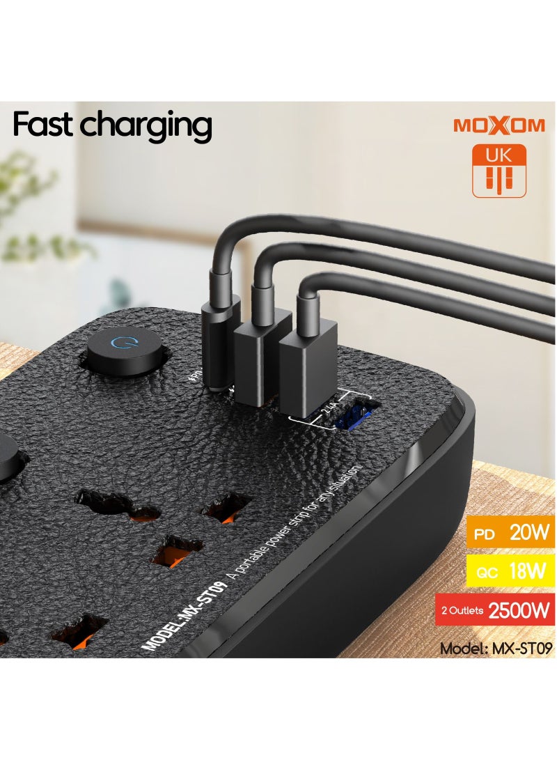 MOXOM Power Strip with 2 Anti-Static Sockets 2500W, 3 USB Ports, 1 Type-C Port, Black MX-ST09 - Image 4