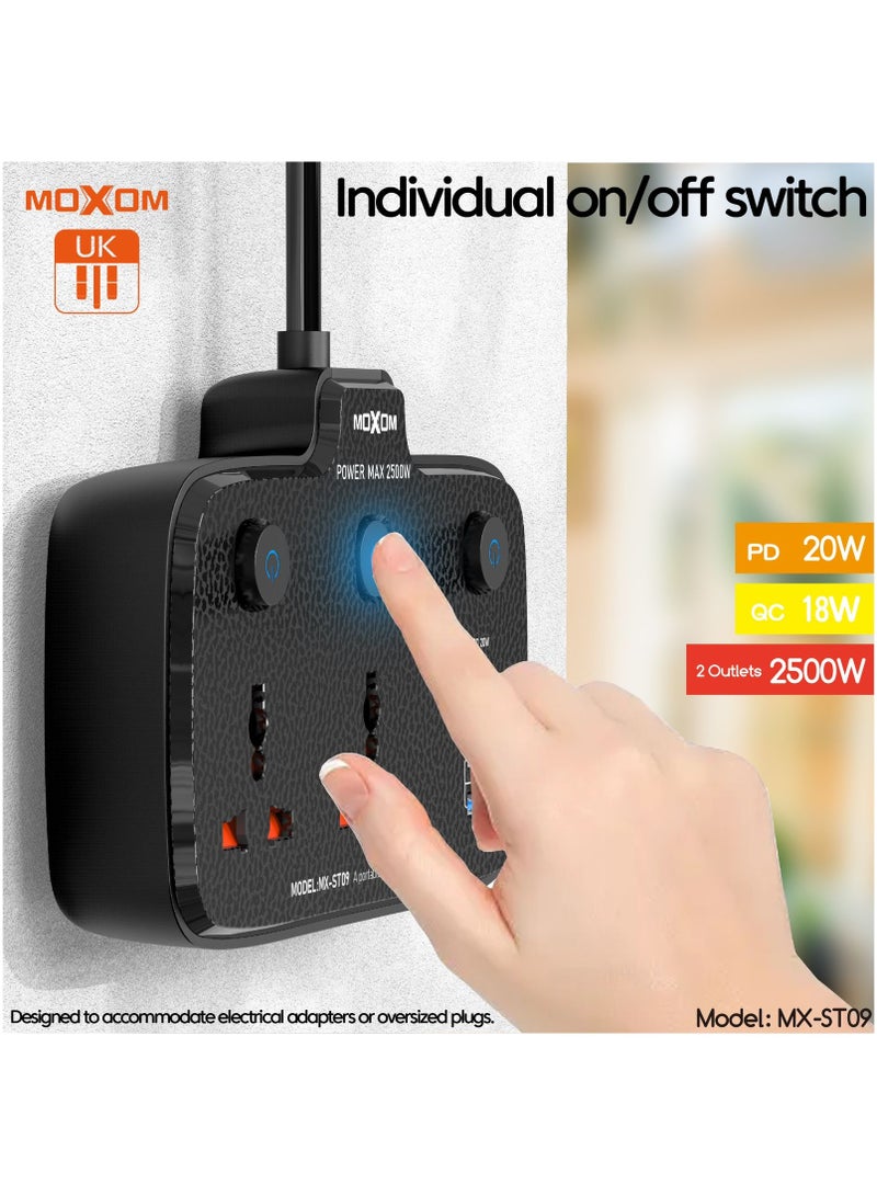 MOXOM Power Strip with 2 Anti-Static Sockets 2500W, 3 USB Ports, 1 Type-C Port, Black MX-ST09 - Image 5