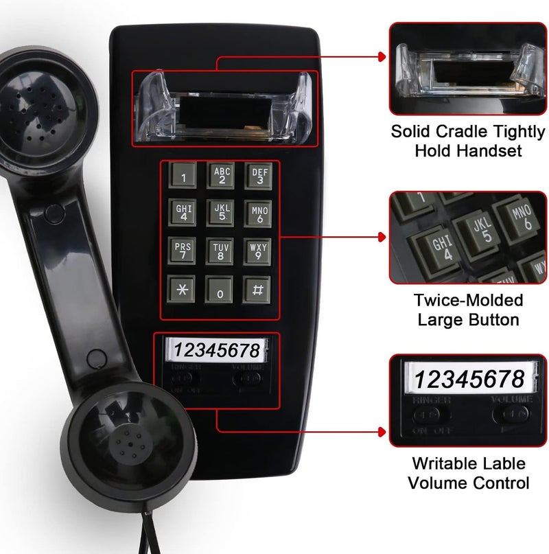 Sangyn Retro Wall Phones for Landline with Loud Mechanical Ringer Vintage Wall Mount Phone with Volume Adjustable Old Fashioned Corded Landline Telephone for Kitchen School Office, Black - Image 3
