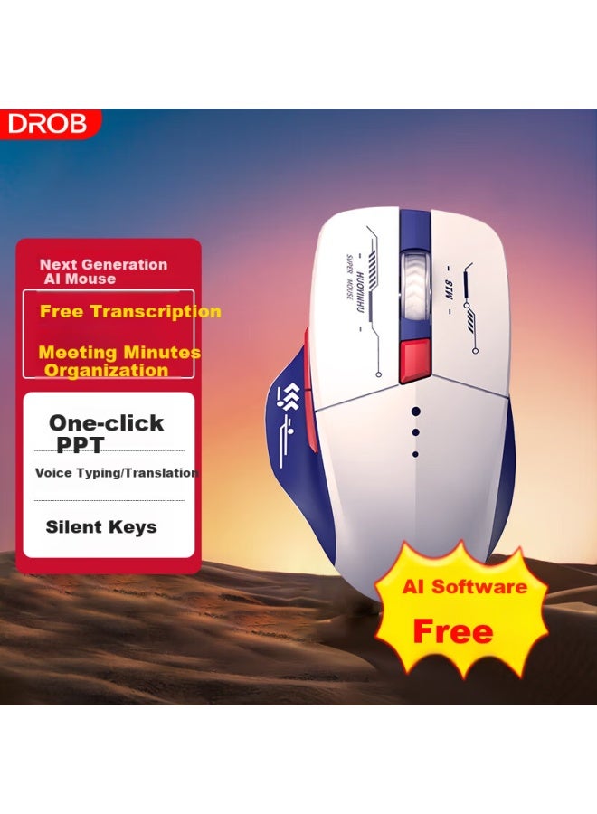 D.rob Intelligent Ai Mouse، ماوس ألعاب مريح، ماوس مكتبي صامت للكتابة الصوتية وإنشاء العروض التقديمية ، D10 أزرق وأبيض - Image 1