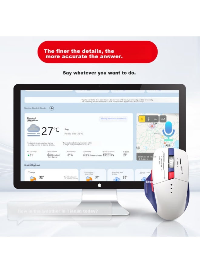 D.rob Intelligent Ai Mouse، ماوس ألعاب مريح، ماوس مكتبي صامت للكتابة الصوتية وإنشاء العروض التقديمية ، D10 أزرق وأبيض - Image 4