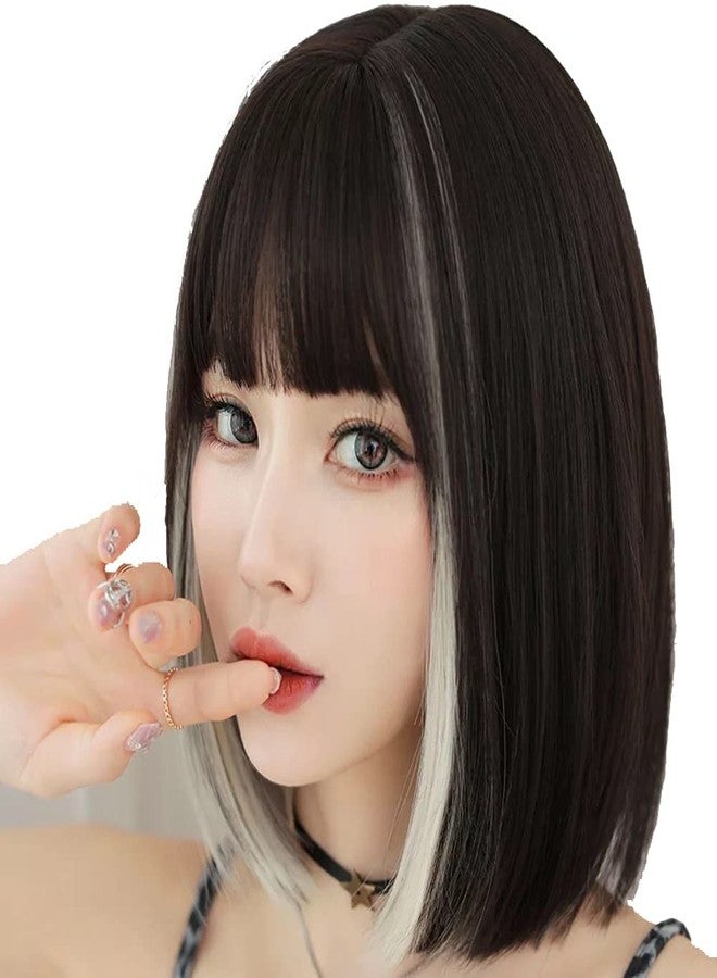 AIKO PRO Korean Fashion 13 Inch Straight Short Bob Wig for Women, Natural Shoulder-Length Straight Synthetic Short Lolita Cosplay Wigs with Bangs For Cosplay and Daily Wear D123 Black & White - Image 2