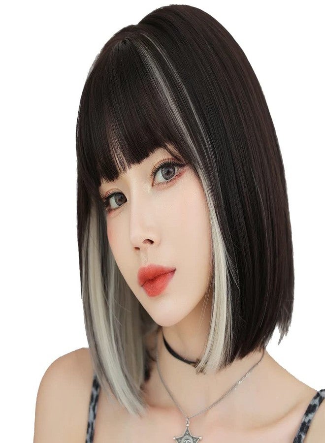 AIKO PRO Korean Fashion 13 Inch Straight Short Bob Wig for Women, Natural Shoulder-Length Straight Synthetic Short Lolita Cosplay Wigs with Bangs For Cosplay and Daily Wear D123 Black & White - Image 1