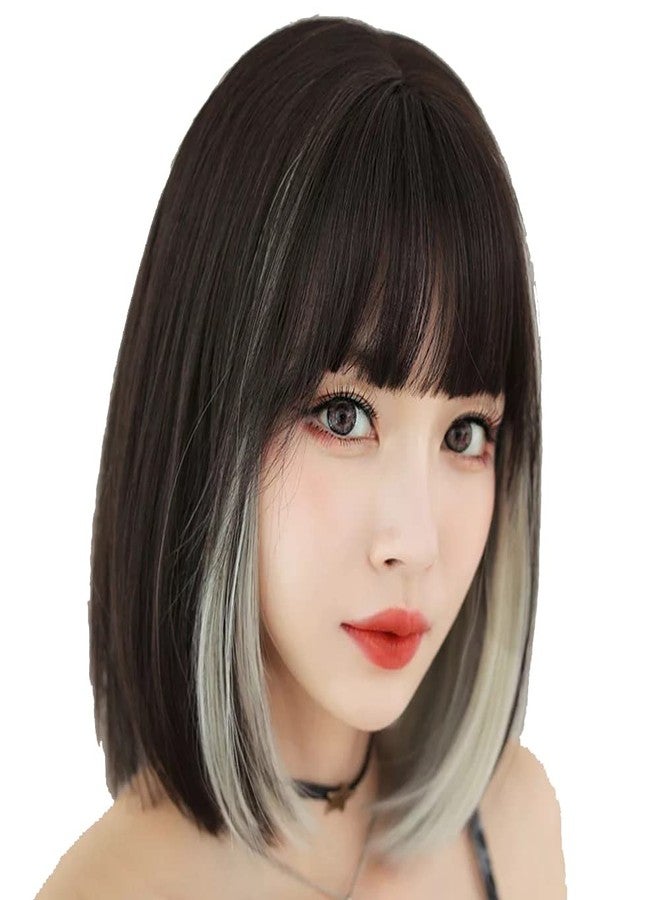 AIKO PRO Korean Fashion 13 Inch Straight Short Bob Wig for Women, Natural Shoulder-Length Straight Synthetic Short Lolita Cosplay Wigs with Bangs For Cosplay and Daily Wear D123 Black & White - Image 4