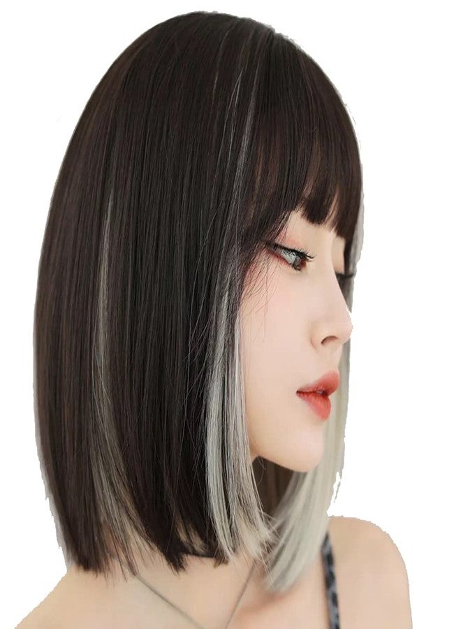 AIKO PRO Korean Fashion 13 Inch Straight Short Bob Wig for Women, Natural Shoulder-Length Straight Synthetic Short Lolita Cosplay Wigs with Bangs For Cosplay and Daily Wear D123 Black & White - Image 3