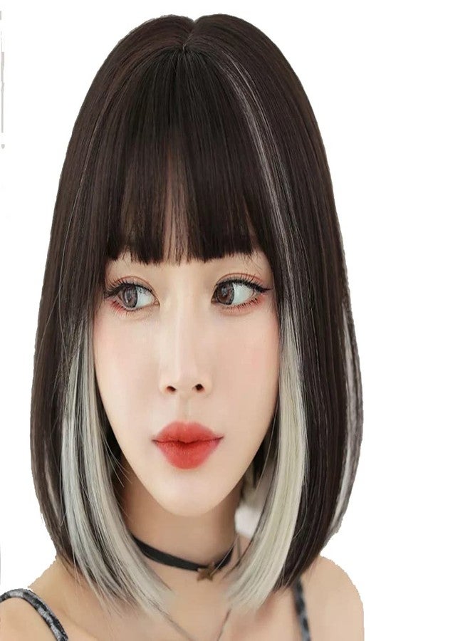 AIKO PRO Korean Fashion 13 Inch Straight Short Bob Wig for Women, Natural Shoulder-Length Straight Synthetic Short Lolita Cosplay Wigs with Bangs For Cosplay and Daily Wear D123 Black & White - Image 5