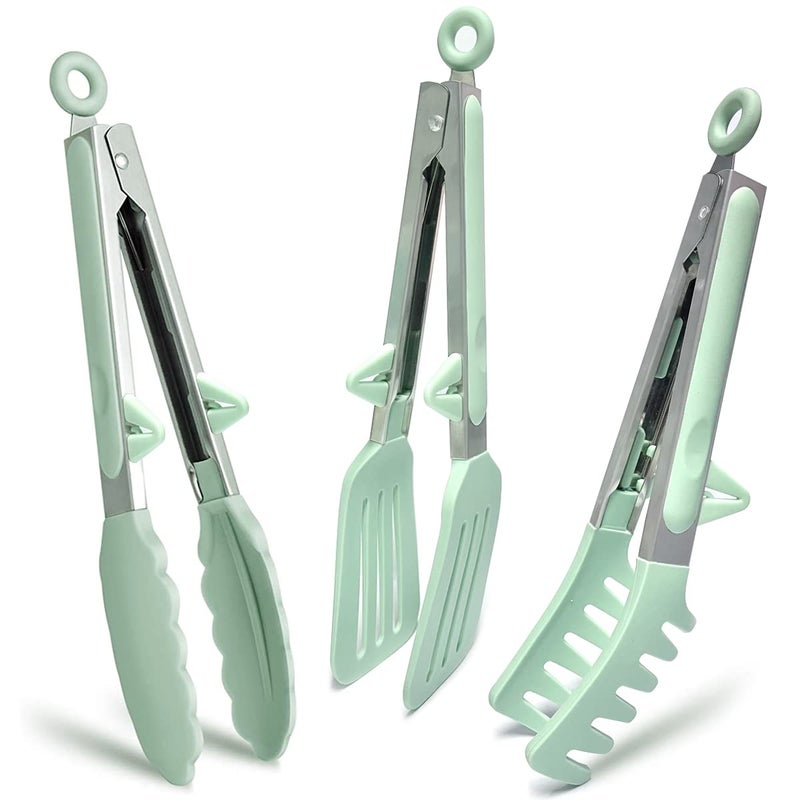 Agabani 3 Pack Green Silicone Kitchen Cooking Tongs Set, Stainless Steel Nonstick Food Tong with BPA Free Silicone Tips for Serving Pasta Spaghetti Steak Pie Pizza Salad Vegetable Fruit Grilling BBQ - Image 3