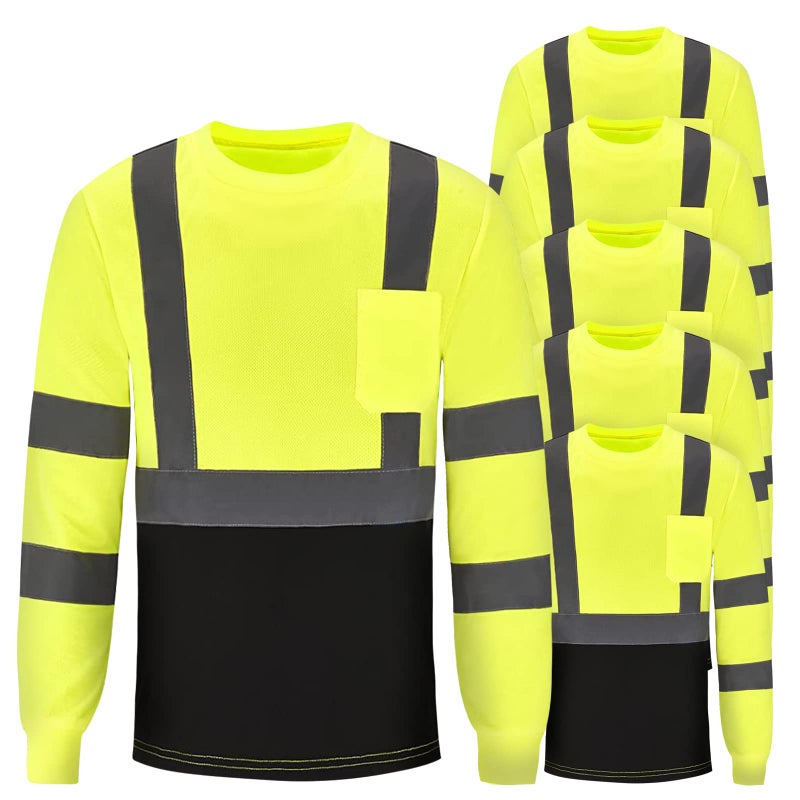 JaGely 6 Pcs High Visibility Safety T Shirts Long Sleeve Hi Vis Work XL Reflective with Pocket for MenFluorescent Yellow