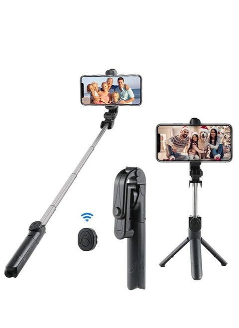 Tripod Selfie Stick, Phone Tripod Stand, Retractable Phone Holder, iPhone & Android Phone Stabilizer for Live Video & Photo Shooting, Vlog (Black)