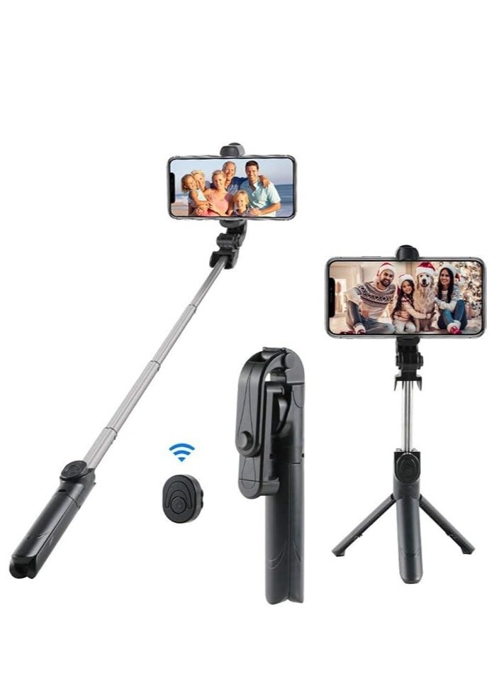 Generic Tripod selfie stick, phone tripod stand, retractable phone stabilizer suitable for iPhone and Android for photo video recording and live streaming video blogging with Bluetooth portability (black)  - Image 1