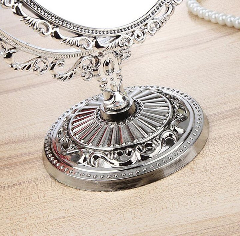 Guppy Desktop Makeup Mirror, Antique Vintage European Style Two Sided Swivel Oval Tabletop Vanity with Embossed Hollow Flower Shiny Pedestal Makeup Mirror(Gold) - Image 3