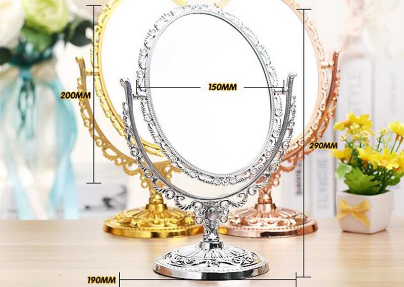 Guppy Desktop Makeup Mirror, Antique Vintage European Style Two Sided Swivel Oval Tabletop Vanity with Embossed Hollow Flower Shiny Pedestal Makeup Mirror(Gold) - Image 5