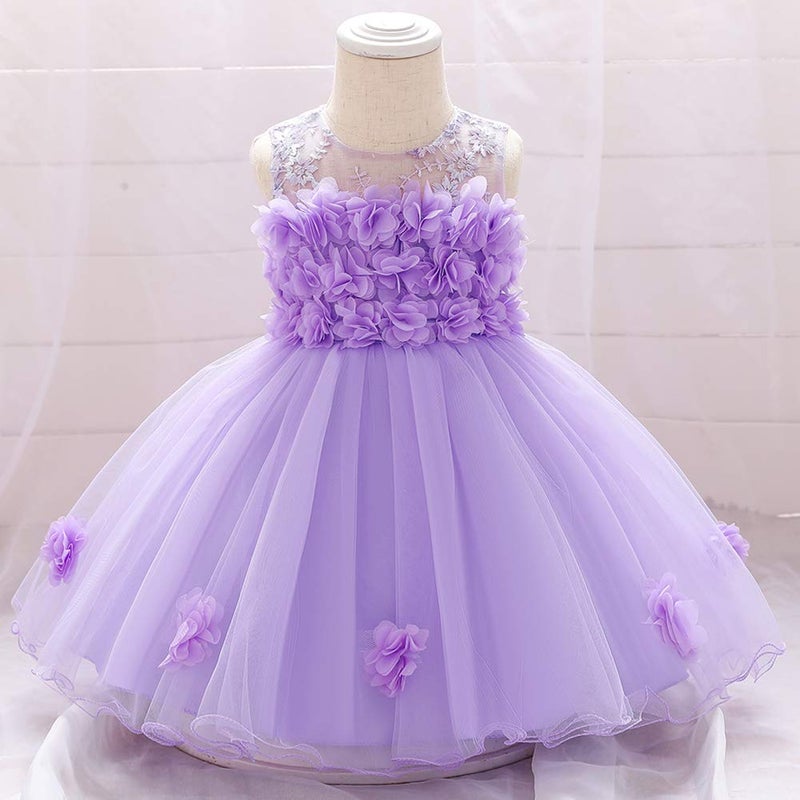 ODASDO Baby Flower Girl Dresses Infant Toddler Kid 1st 2nd Birthday Party Dress Lace Flower Embroidered Pageant Wedding Bridesmaid Evening Summer Sleeveless Princess Tutu Tulle Gown Light Purple 6-12M - Image 2