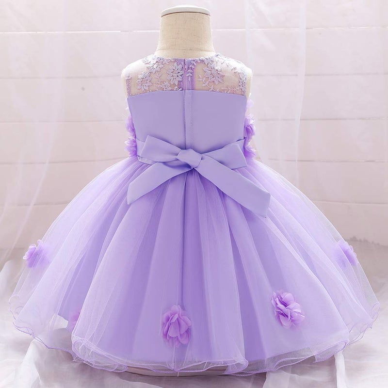 ODASDO Baby Flower Girl Dresses Infant Toddler Kid 1st 2nd Birthday Party Dress Lace Flower Embroidered Pageant Wedding Bridesmaid Evening Summer Sleeveless Princess Tutu Tulle Gown Light Purple 6-12M - Image 3