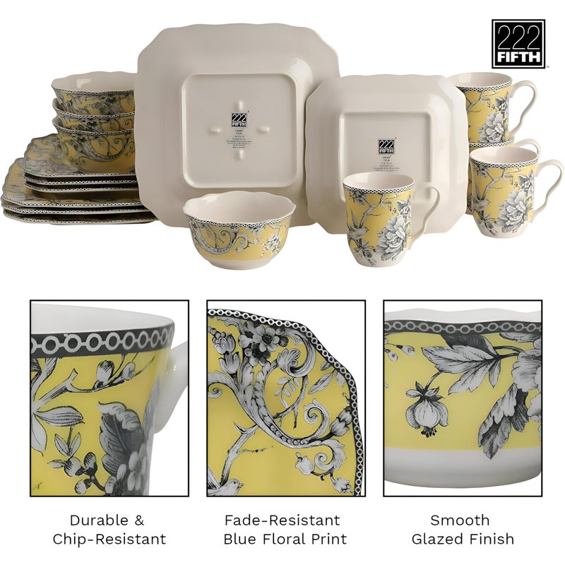 222 Fifth Adelaide 16-Piece Square Floral Dinnerware Set â€“ Service for 4,Yellow Porcelain Big Dinner Plates and Bowls Sets, for Everyday Entertainment, Microwave & Dishwasher Safe, Chip Resistant - Image 5