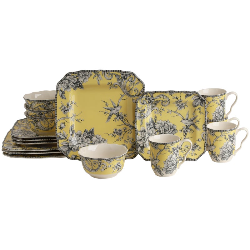 222 Fifth Adelaide 16-Piece Square Floral Dinnerware Set â€“ Service for 4,Yellow Porcelain Big Dinner Plates and Bowls Sets, for Everyday Entertainment, Microwave & Dishwasher Safe, Chip Resistant - Image 1