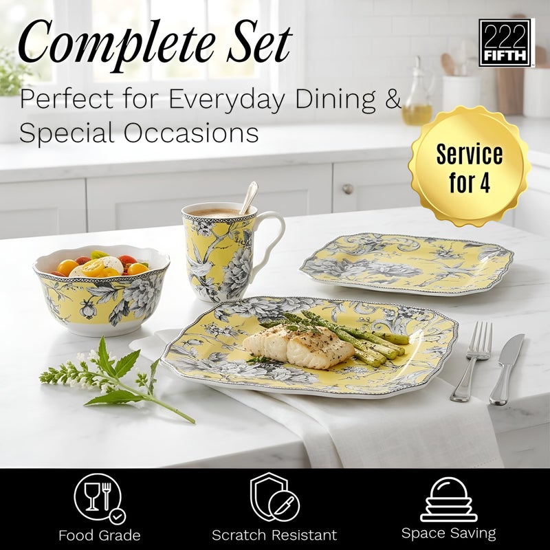 222 Fifth Adelaide 16-Piece Square Floral Dinnerware Set â€“ Service for 4,Yellow Porcelain Big Dinner Plates and Bowls Sets, for Everyday Entertainment, Microwave & Dishwasher Safe, Chip Resistant - Image 4