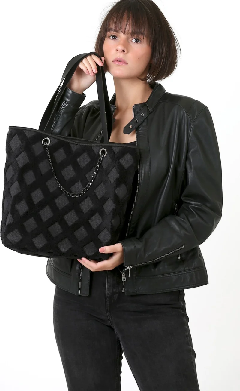Hamur Dough Women's Fabric Hand and Shoulder Bag Tweed Black Fur Plush Knitted Handbag