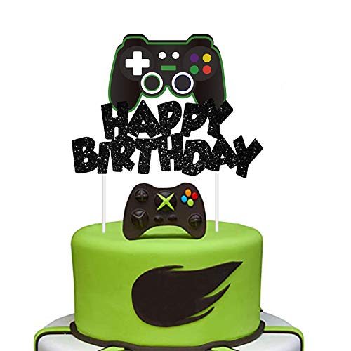 MOAXMOA Video Game Cake Topper Glitter Game Controller Happy Birthday Cake Topper Cake Decorations Picks for Kids Gaming Themed Birthday Party Supplies - Image 1