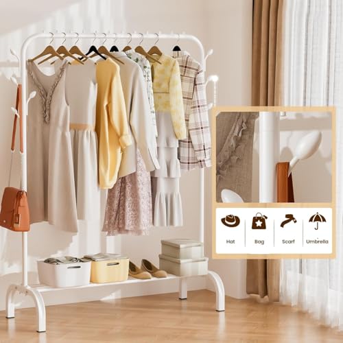 KRISHYAM Heavy Duty Garment Rack with Bottom Shelf, White Metal Frame, Freestanding Clothes Rail, Storage Garment Rack Organizer for Bedroom, Retail Display, 150 x 110 x 40 cm (SINGLE ROD WHITE) - Image 2