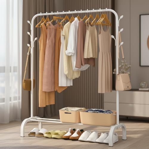 KRISHYAM Heavy Duty Garment Rack with Bottom Shelf, White Metal Frame, Freestanding Clothes Rail, Storage Garment Rack Organizer for Bedroom, Retail Display, 150 x 110 x 40 cm (SINGLE ROD WHITE) - Image 1