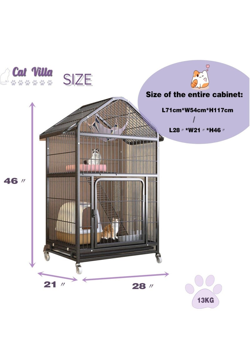 WALALLA 71x54x117cm 3 Tier Cat House Wire Cat Cage Multi Functional Cat Condo with Universal Wheels Cat Villa with Locking Iron Door Pet Playpen Black - Image 2