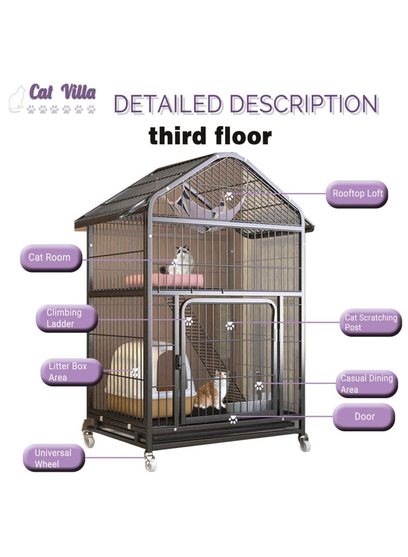 WALALLA 71x54x117cm 3 Tier Cat House Wire Cat Cage Multi Functional Cat Condo with Universal Wheels Cat Villa with Locking Iron Door Pet Playpen Black - Image 3